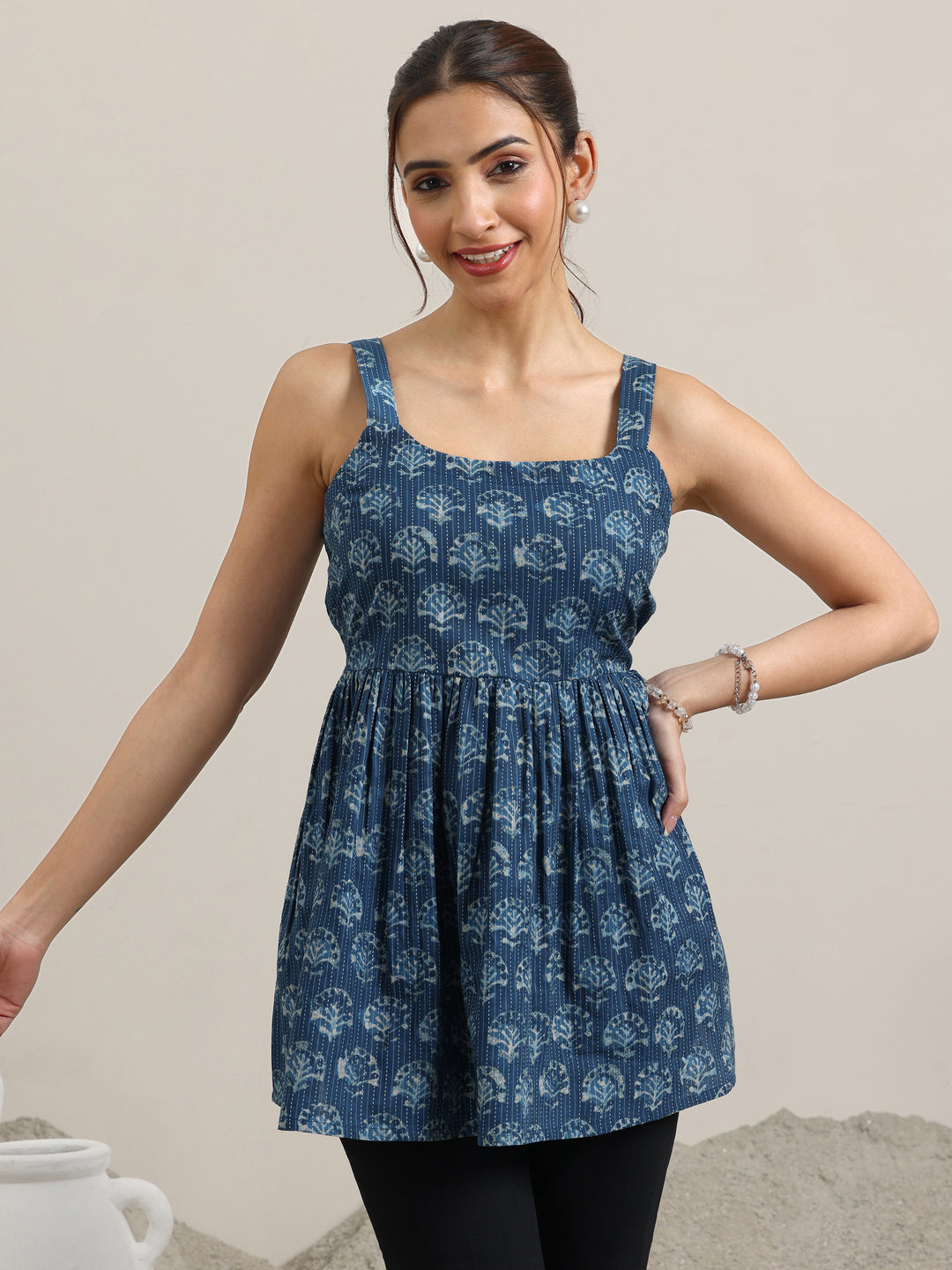  Blue Printed Cotton Anarkali Kurti 