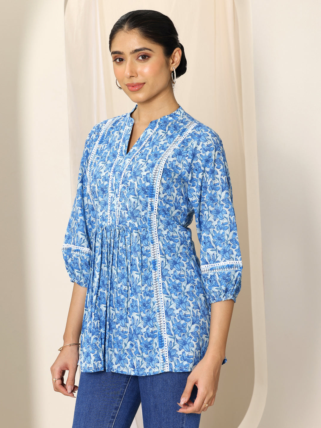  Indigo Printed Cotton A-Line Short Kurti 