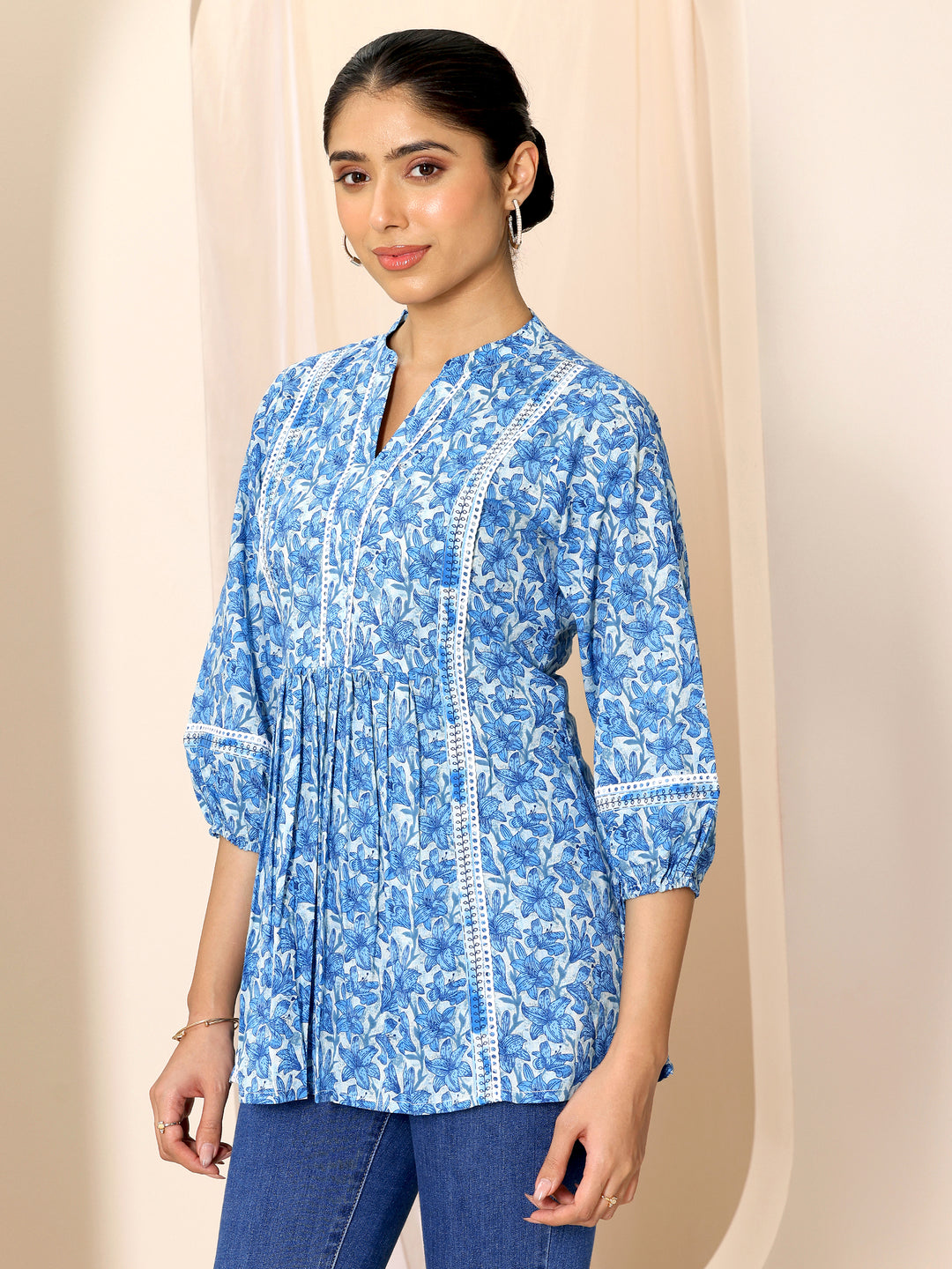  Indigo Printed Cotton A-Line Short Kurti 