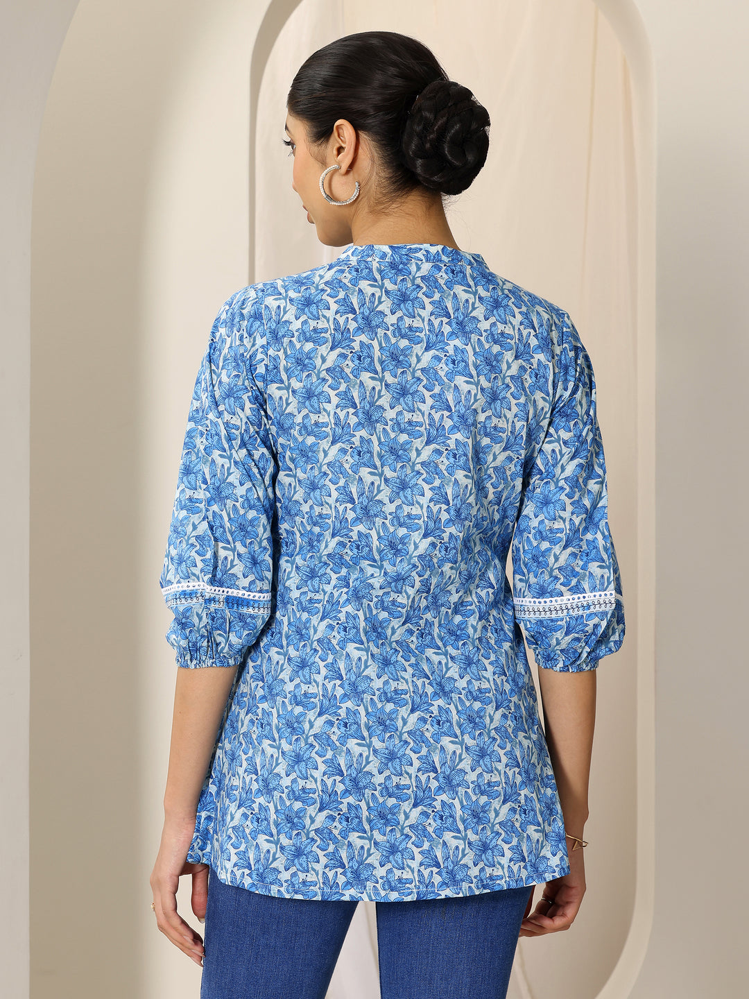  Indigo Printed Cotton A-Line Short Kurti 