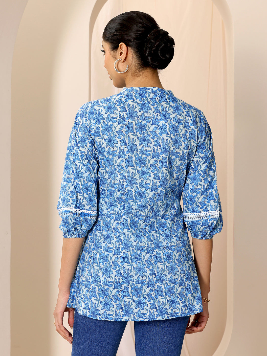  Indigo Printed Cotton A-Line Short Kurti 