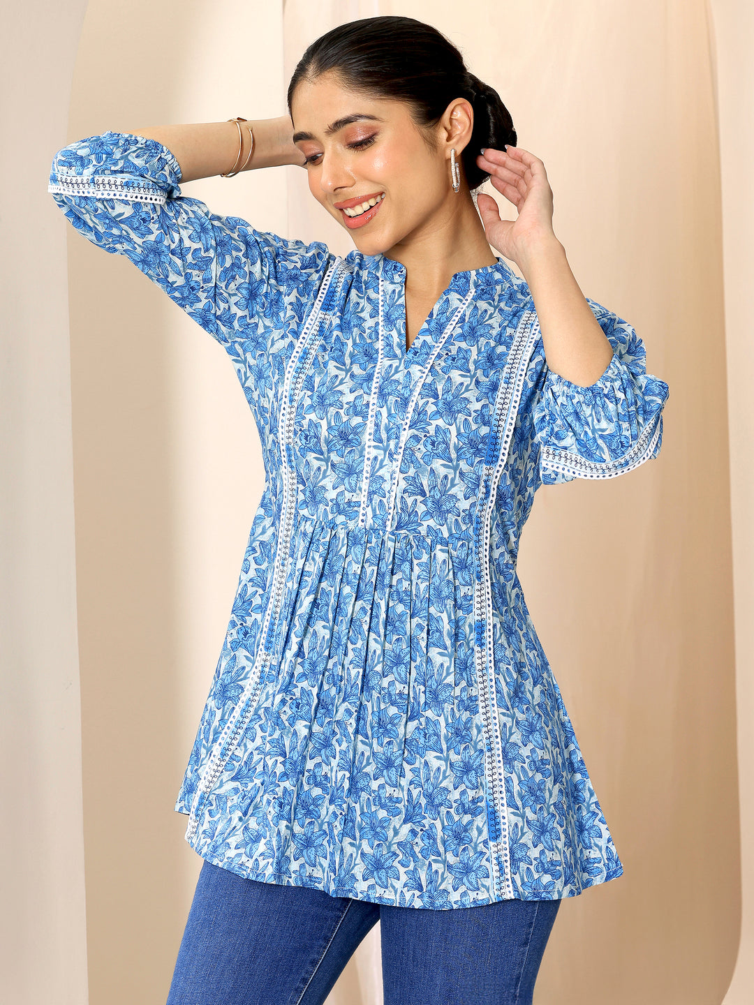  Indigo Printed Cotton A-Line Short Kurti 