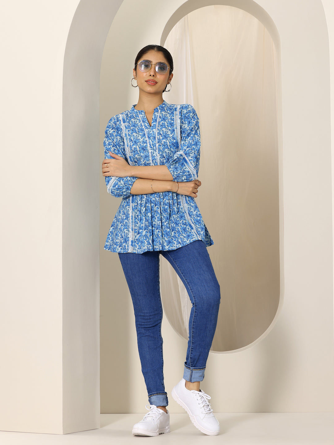  Indigo Printed Cotton A-Line Short Kurti 