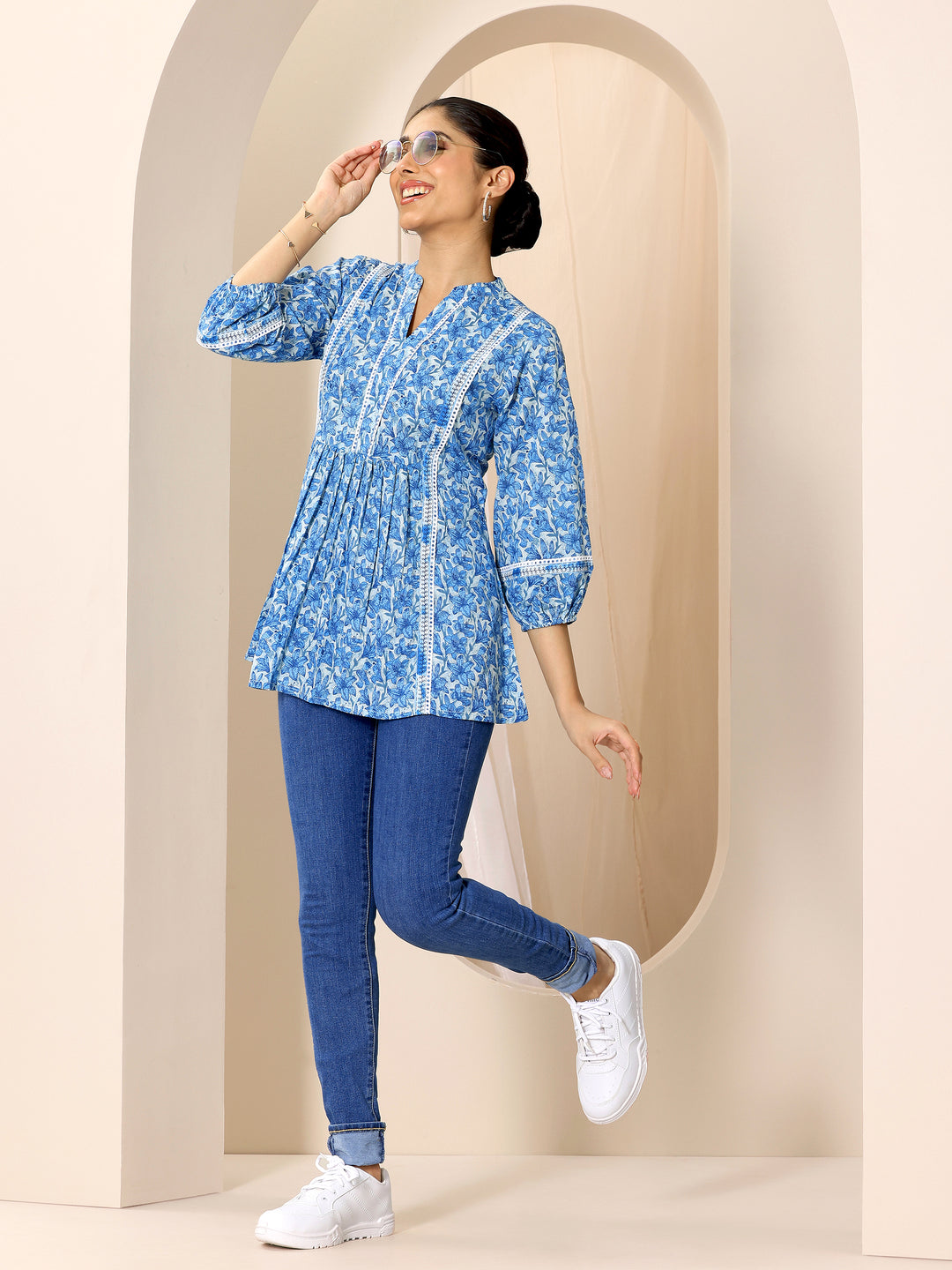  Indigo Printed Cotton A-Line Short Kurti 