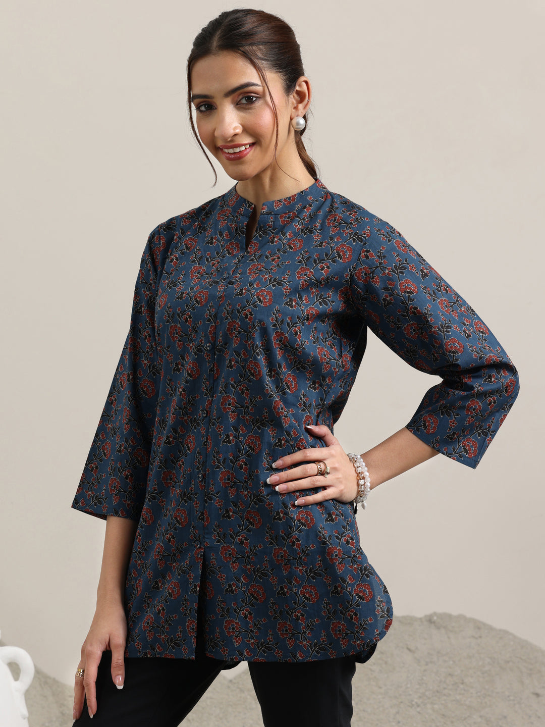  Blue Printed Cotton Straight Kurti 