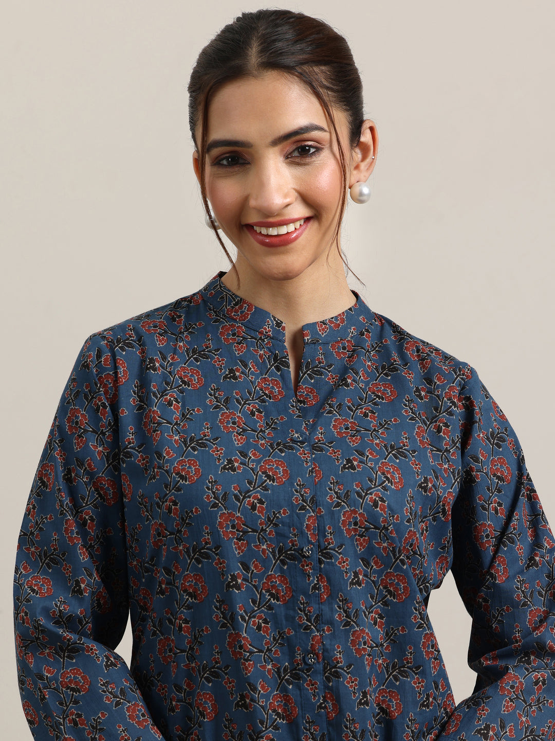  Blue Printed Cotton Straight Kurti 