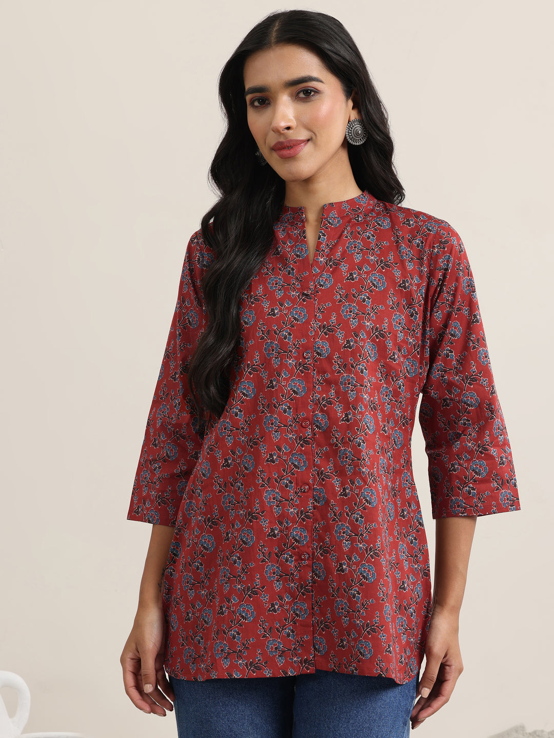  Maroon Printed Cotton Straight Kurti 