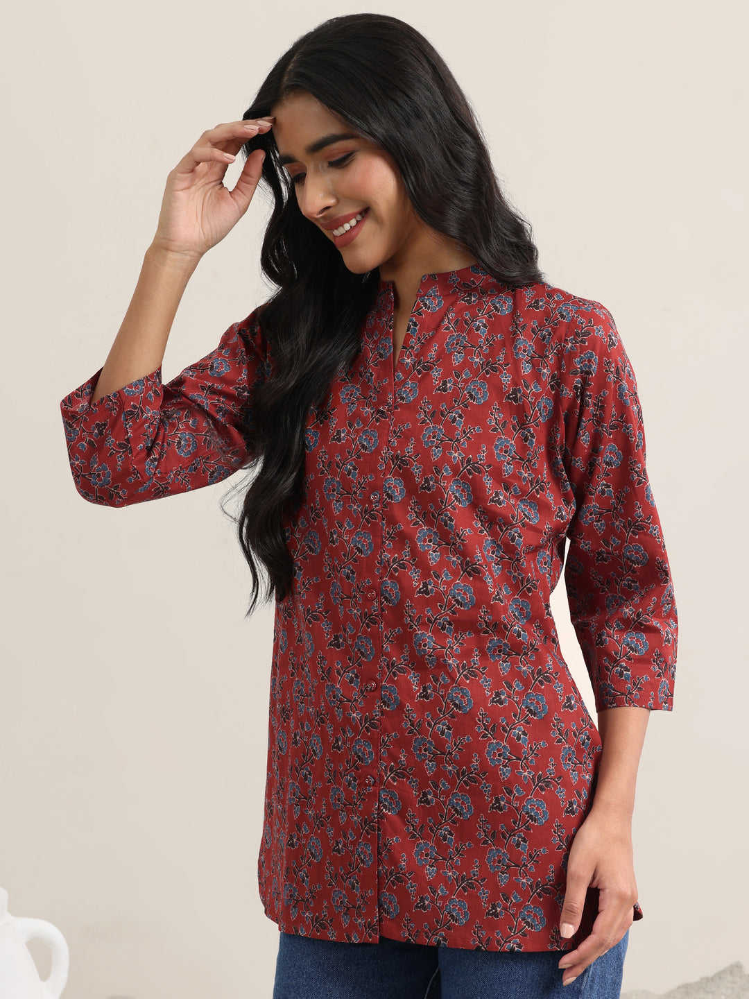  Maroon Printed Cotton Straight Kurti 