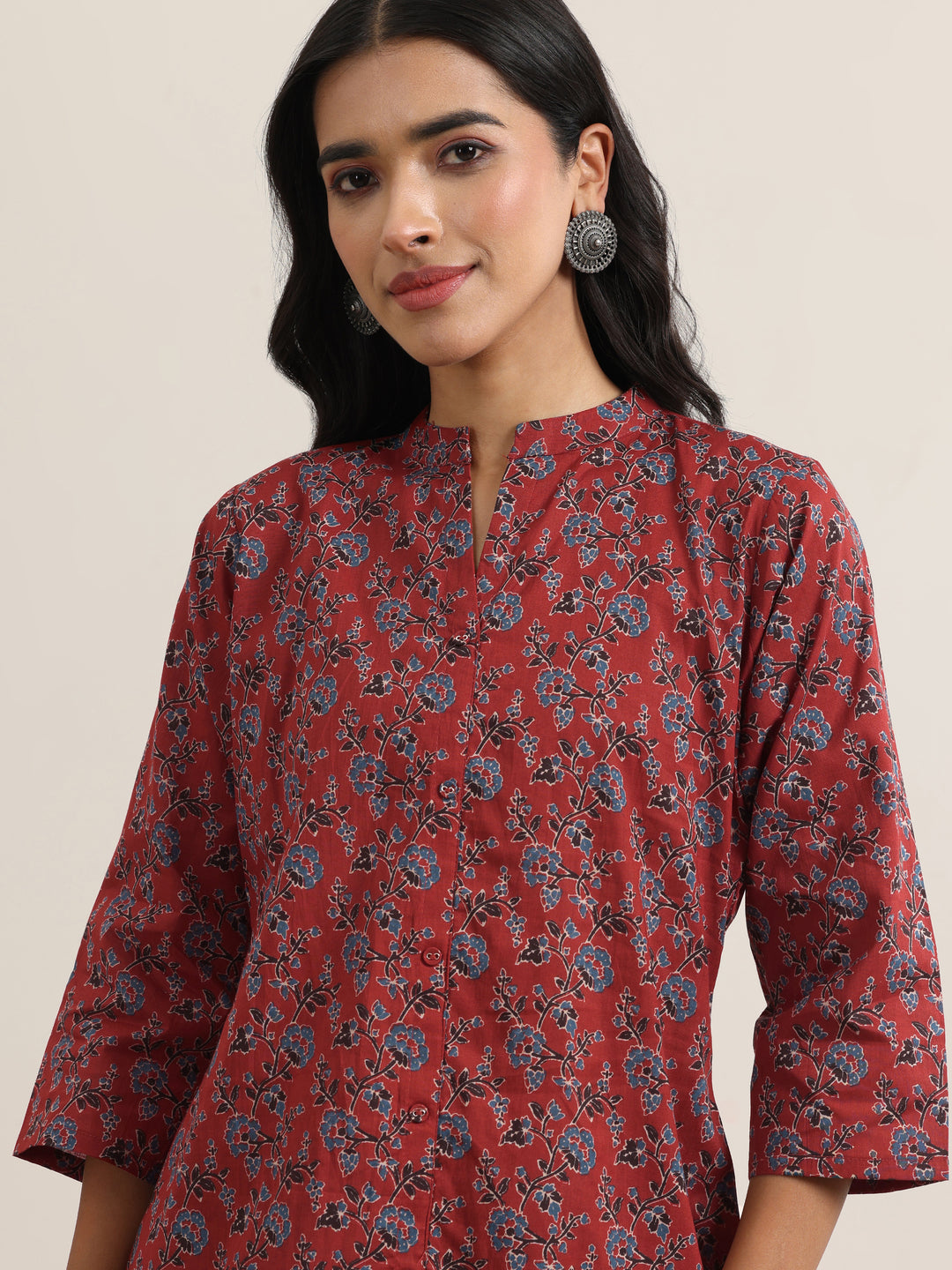  Maroon Printed Cotton Straight Kurti 