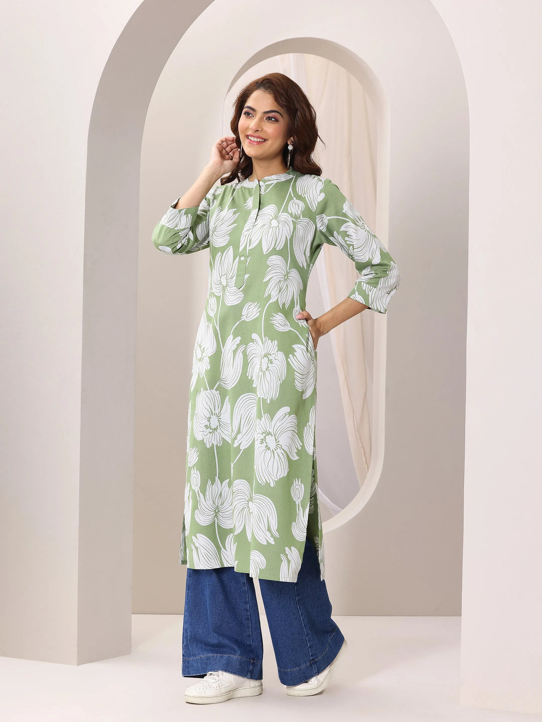  Green Printed Cotton Straight Kurta 