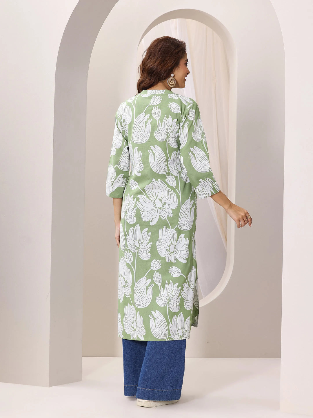  Green Printed Cotton Straight Kurta 