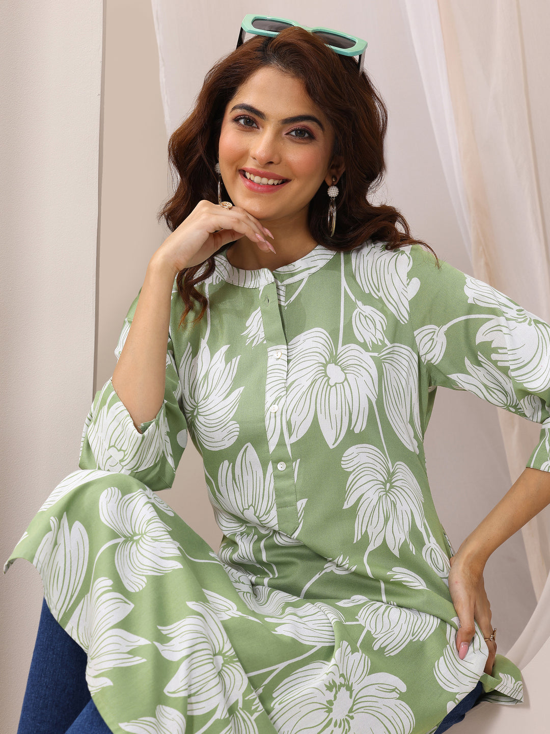 Green Printed Cotton Straight Kurta