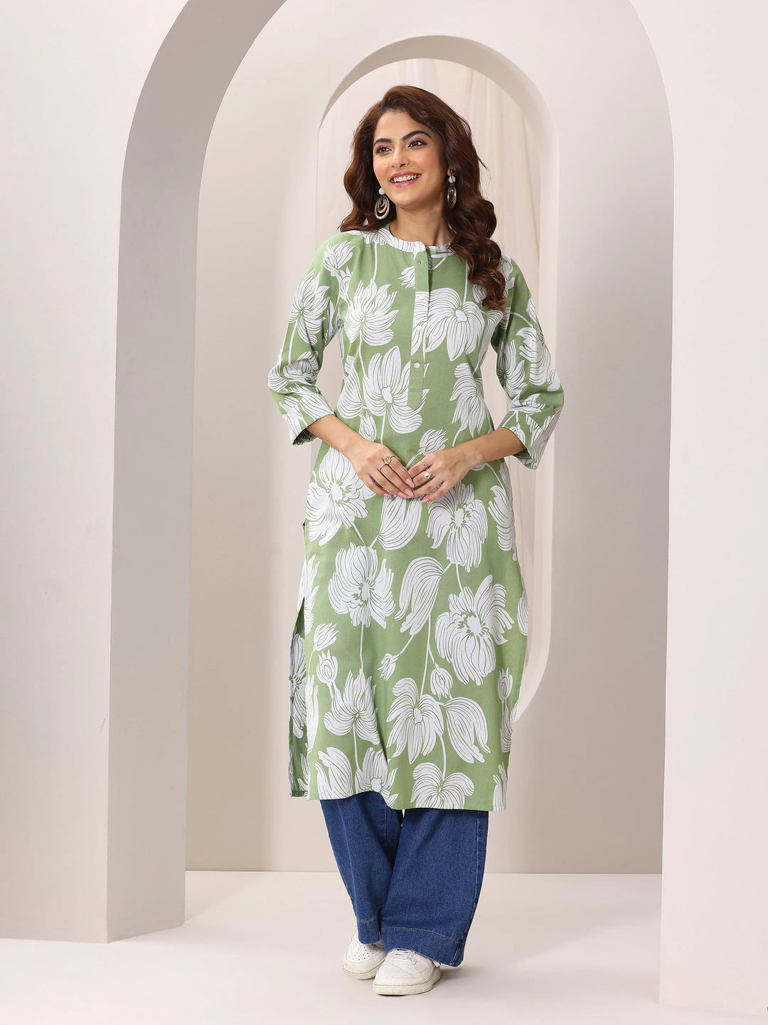  Green Printed Cotton Straight Kurta 