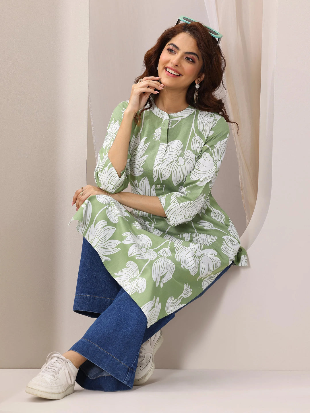  Green Printed Cotton Straight Kurta 