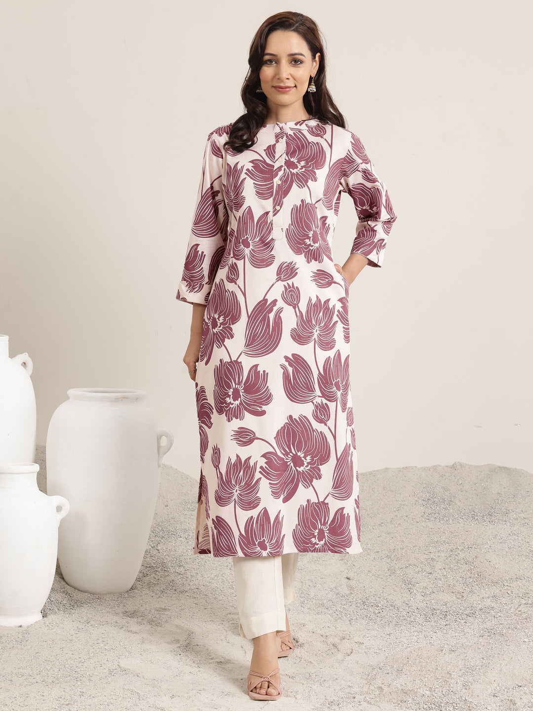  Mauve Printed Cotton Straight Kurta 