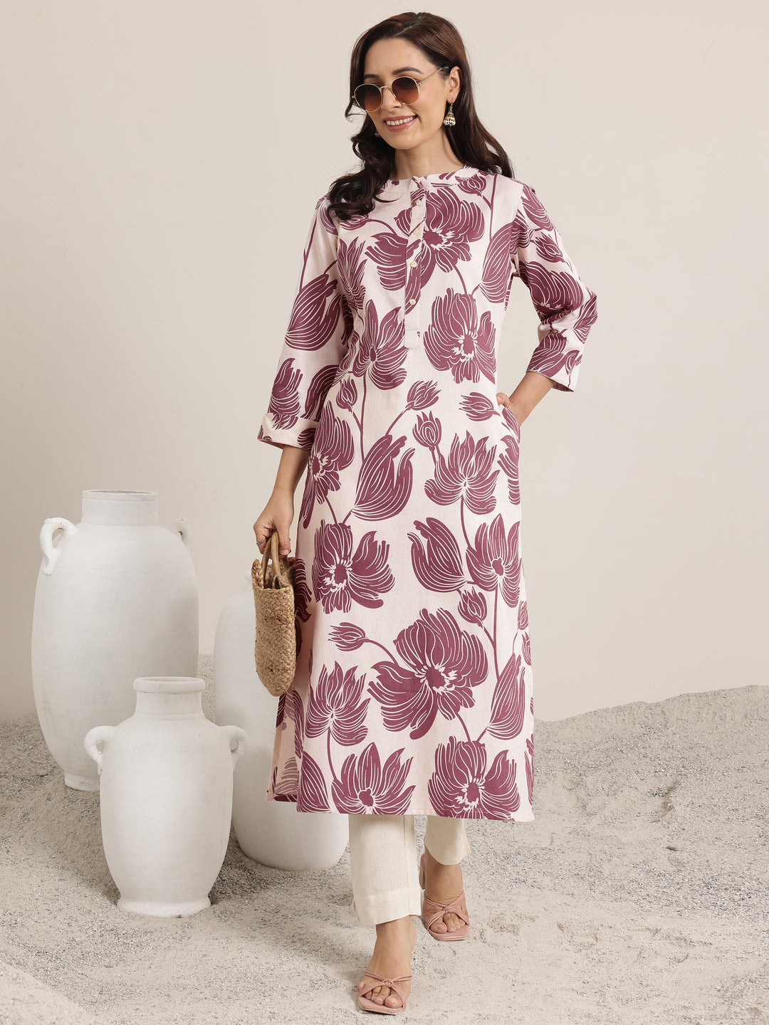 Mauve Printed Cotton Straight Kurta