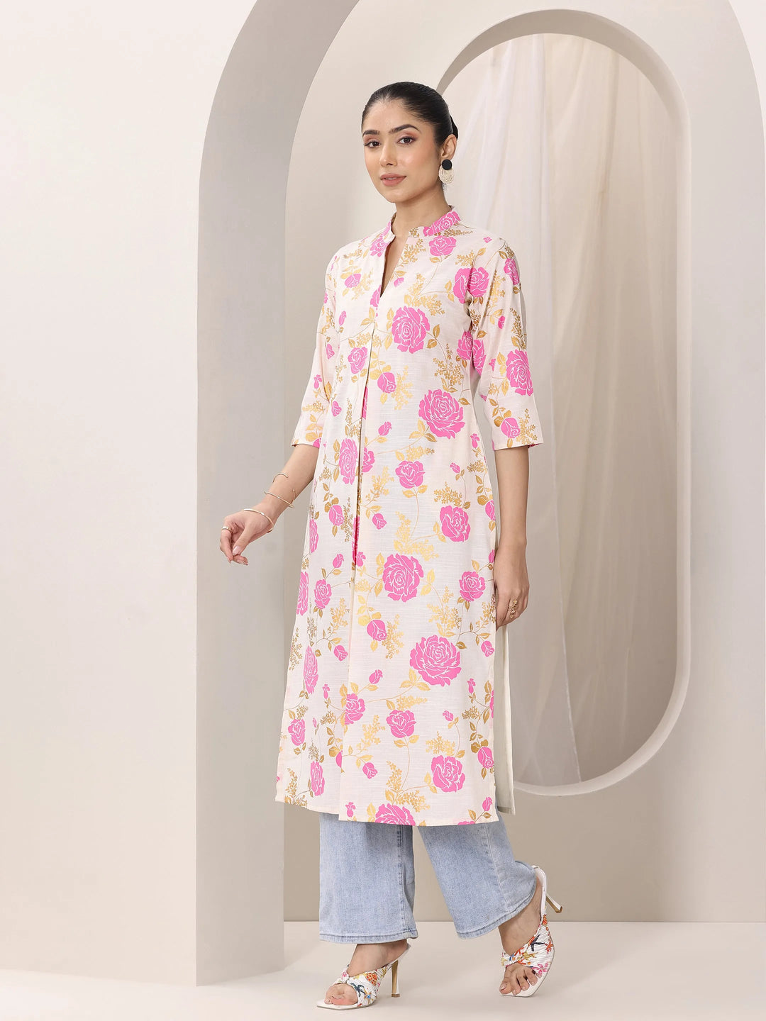  Pink Printed Cotton Blend Straight Kurta 