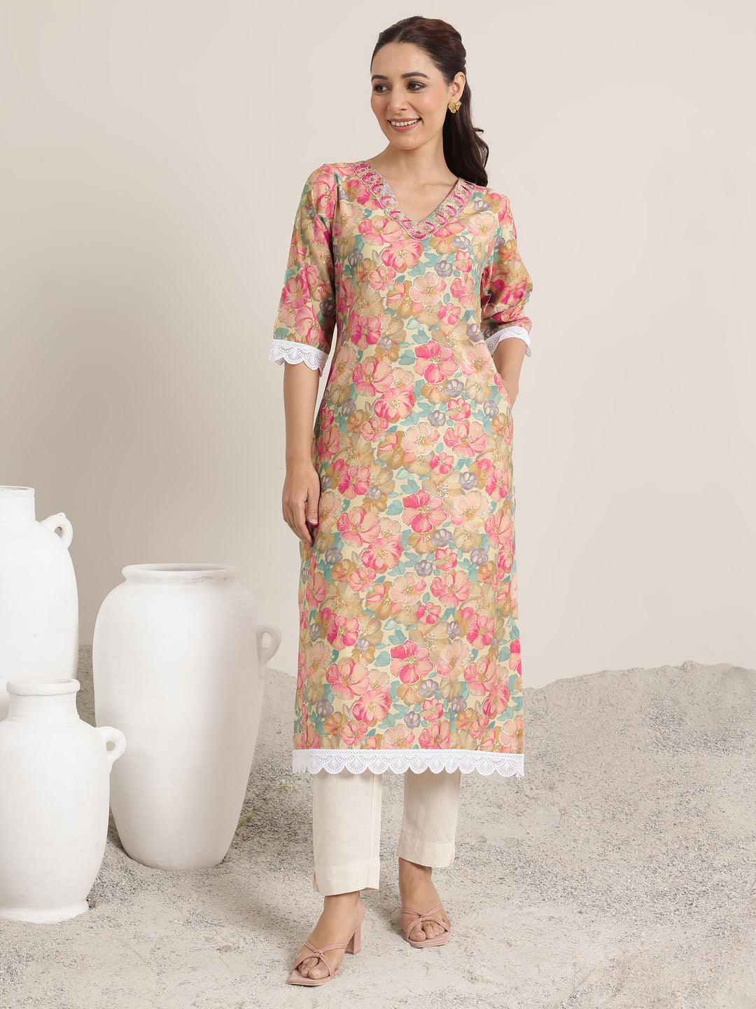  Pink Printed Silk Blend Straight Kurta 