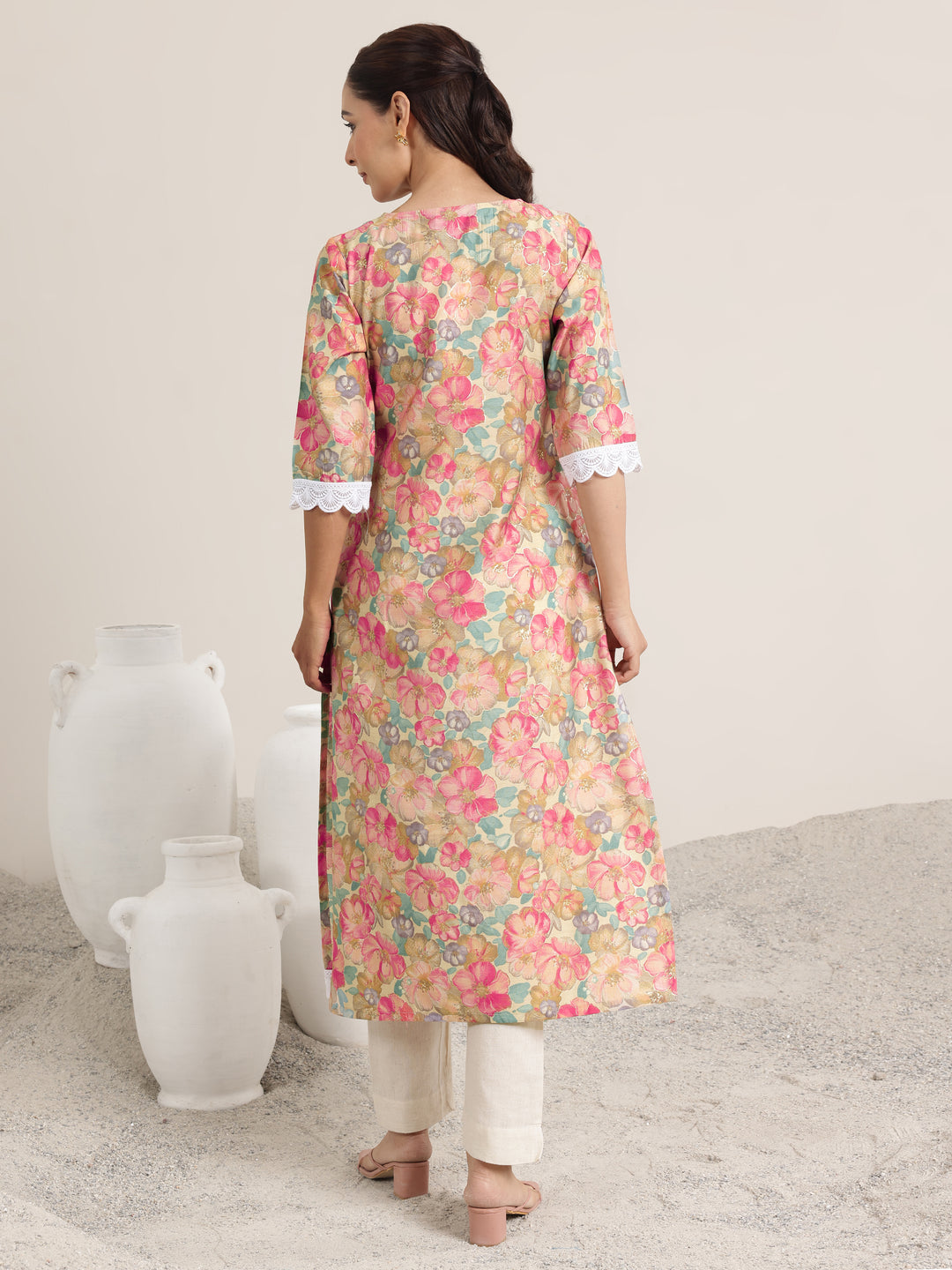  Pink Printed Silk Blend Straight Kurta 