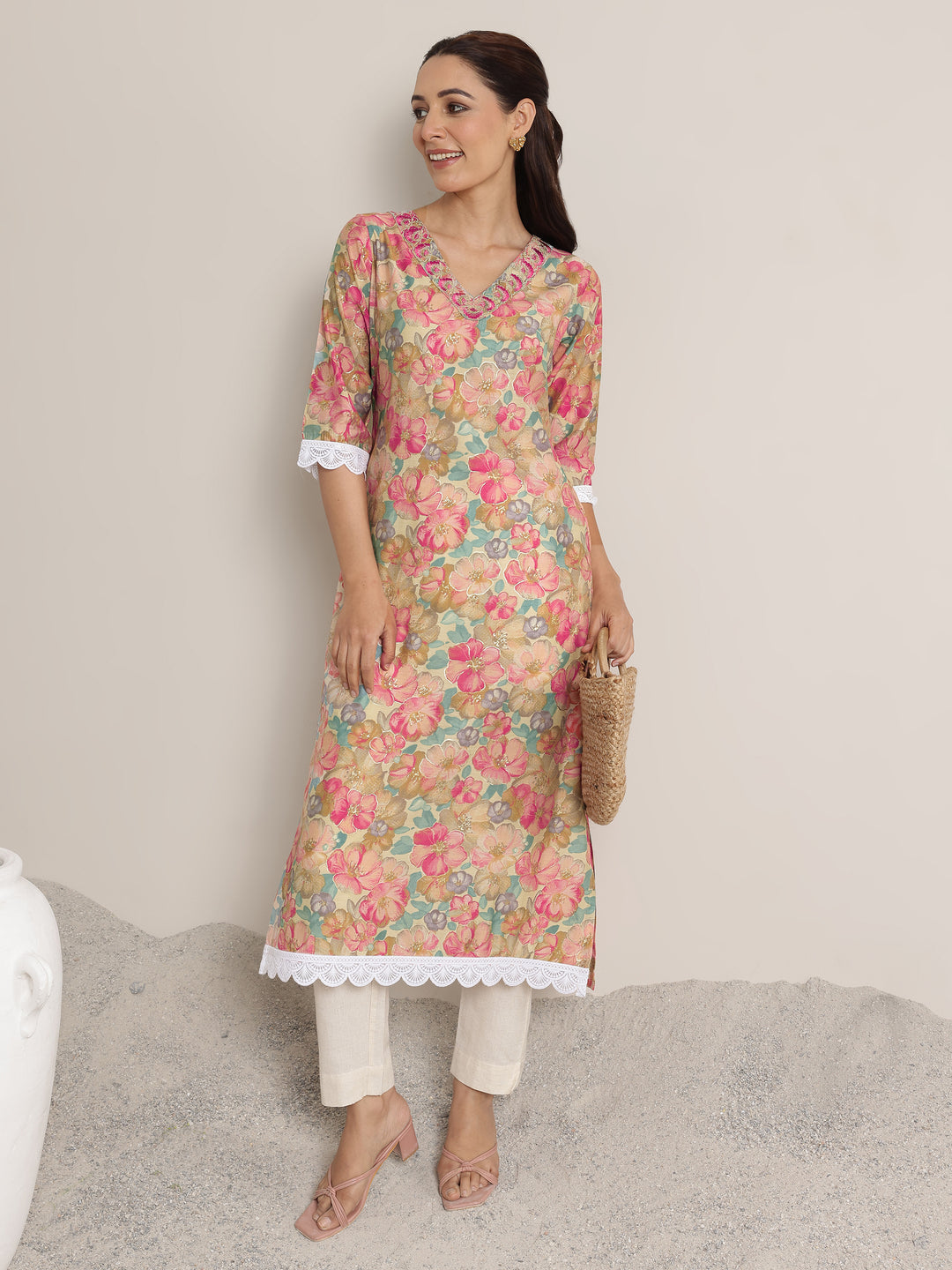 Pink Printed Silk Blend Straight Kurta