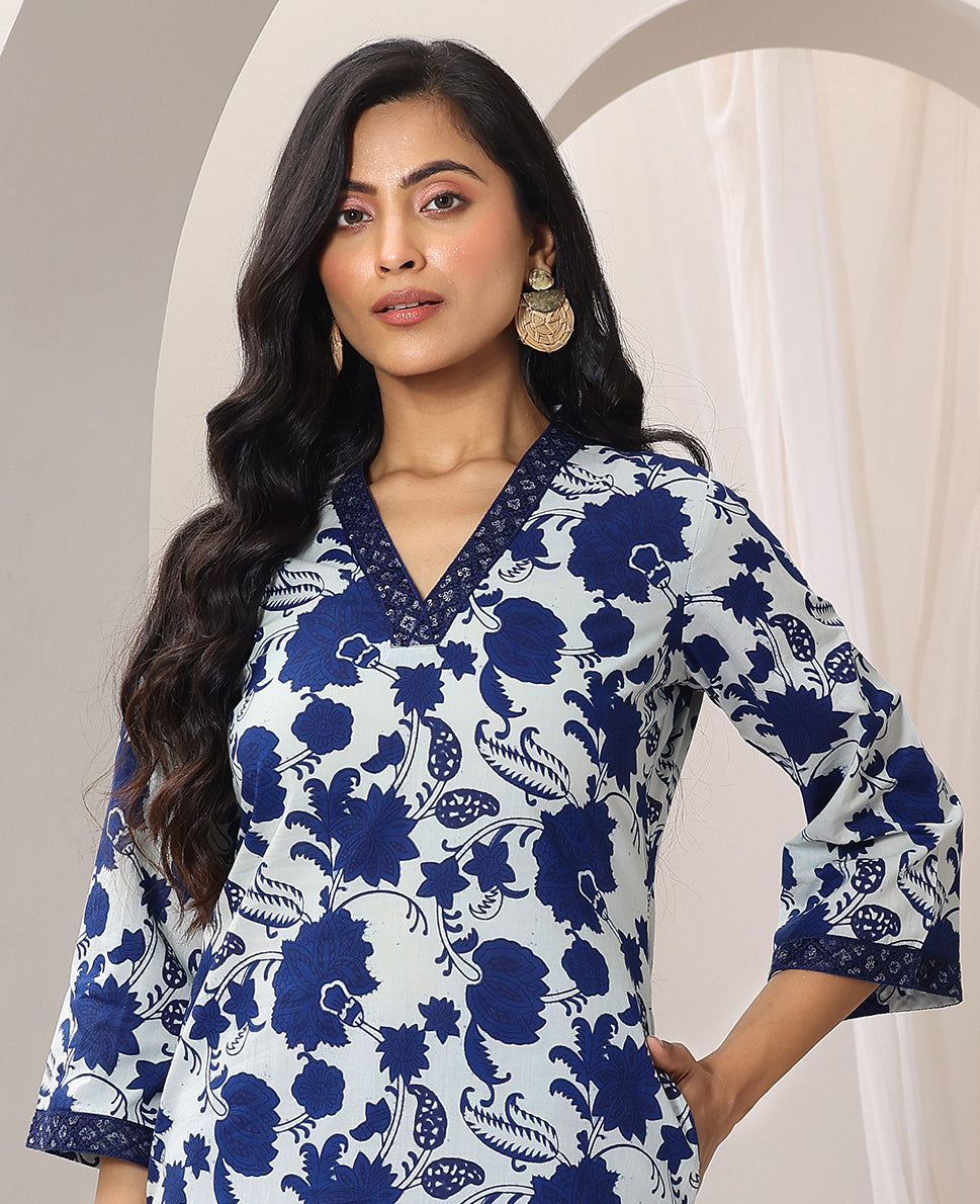  Indigo Printed Cotton Straight Kurta 