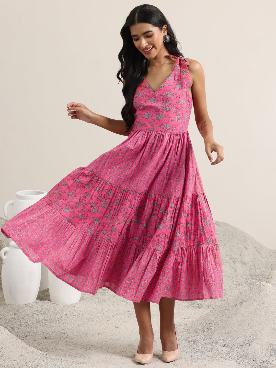 Pink Printed Cotton Fit and Flare Dress