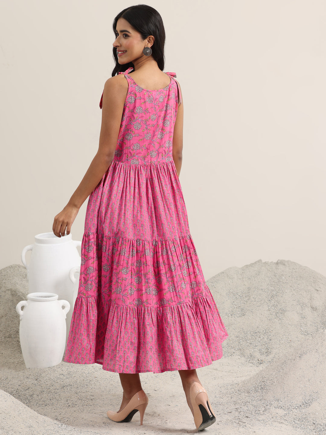  Pink Printed Cotton Fit and Flare Dress 