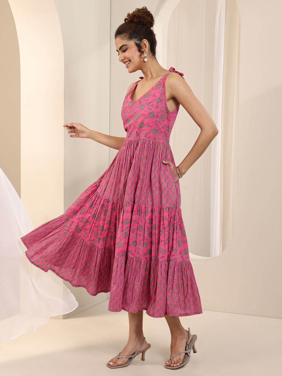  Pink Printed Cotton Fit and Flare Dress 