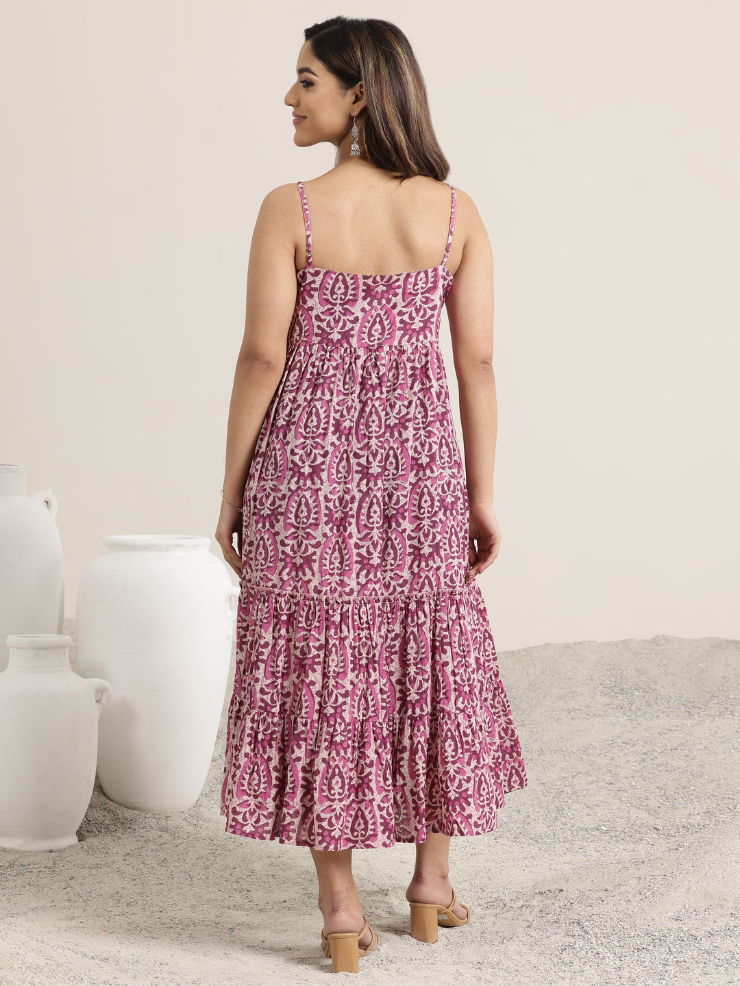  Mauve Printed Cotton Fit and Flare One Piece Dress 