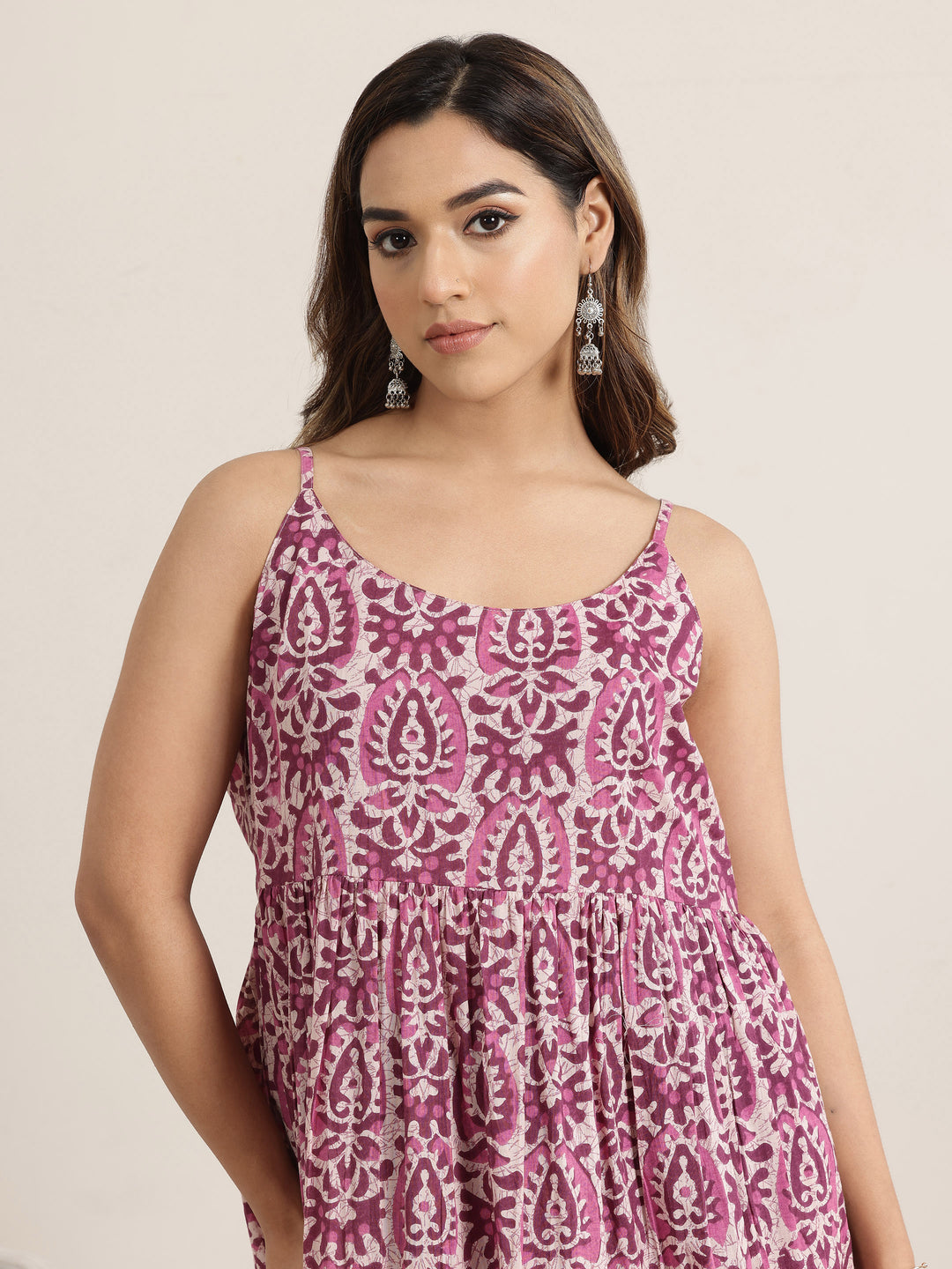  Mauve Printed Cotton Fit and Flare One Piece Dress 