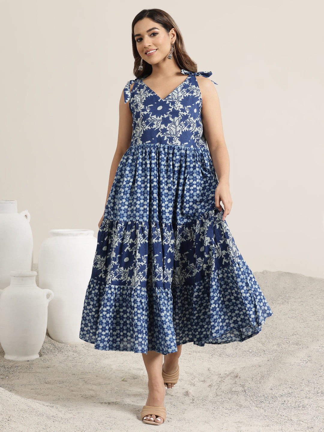 Indigo Printed Cotton Fit and Flare One Piece Dress