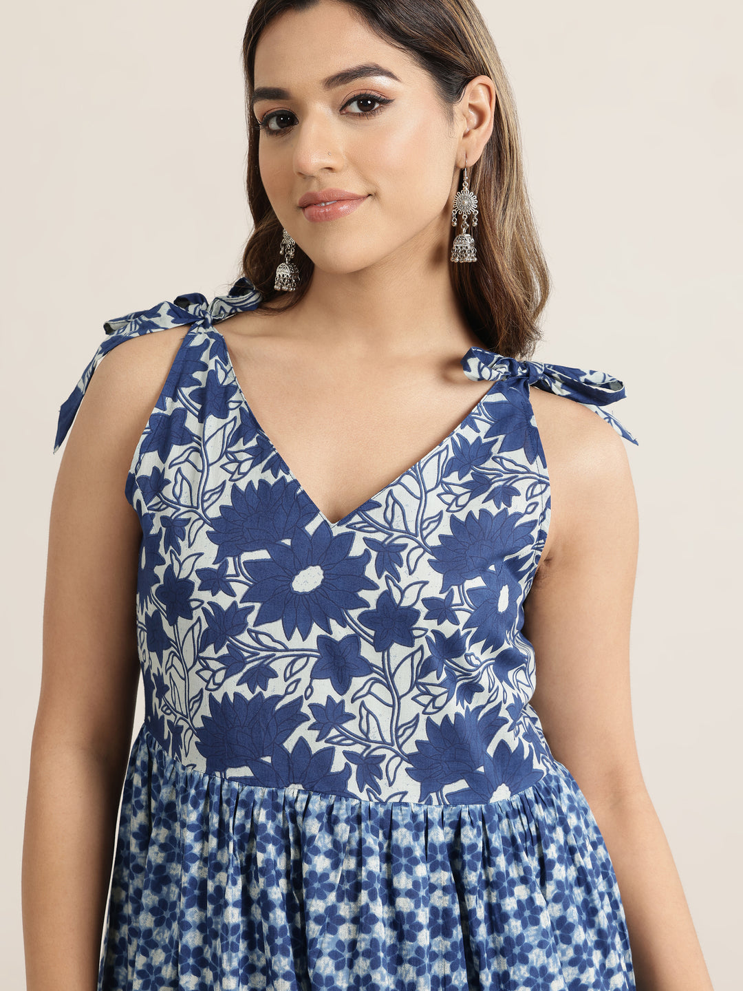  Indigo Printed Cotton Fit and Flare One Piece Dress 