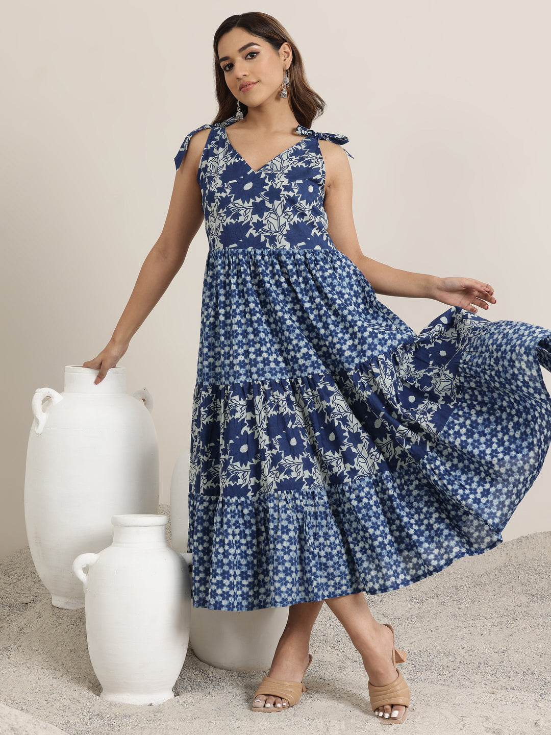  Indigo Printed Cotton Fit and Flare One Piece Dress 