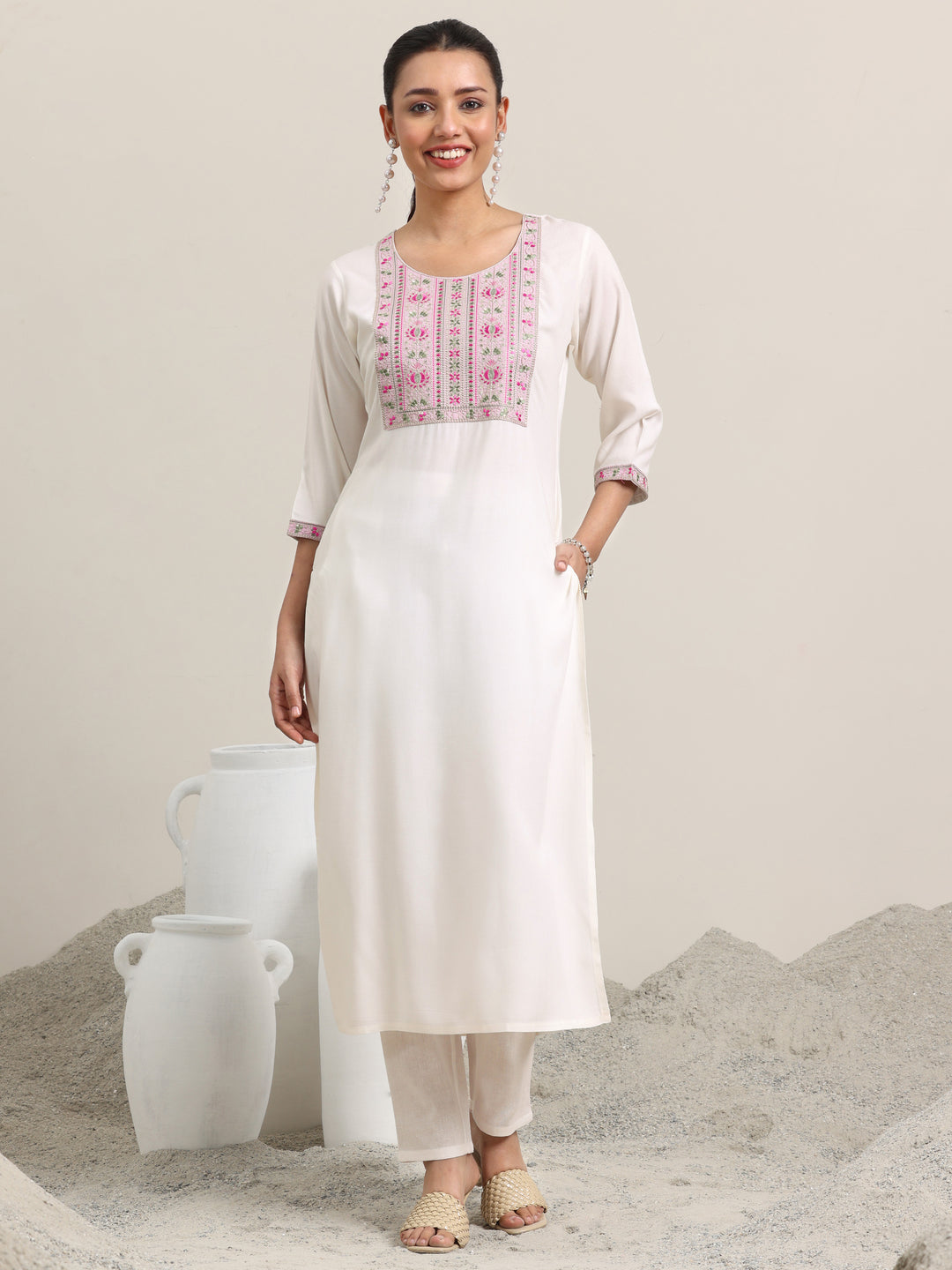  Off White Yoke Design Rayon Straight Kurta 