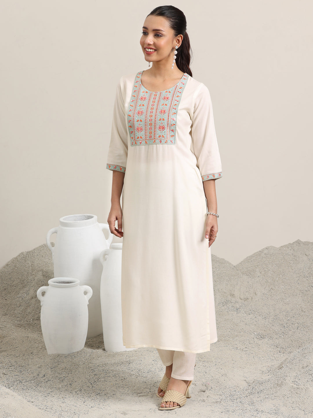  Off White Yoke Design Rayon Straight Kurta 