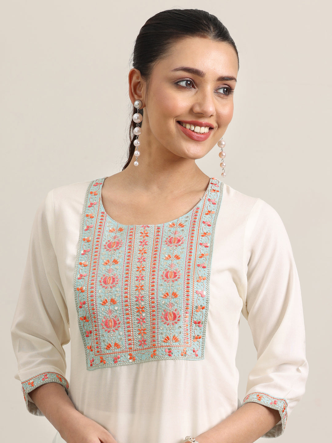  Off White Yoke Design Rayon Straight Kurta 