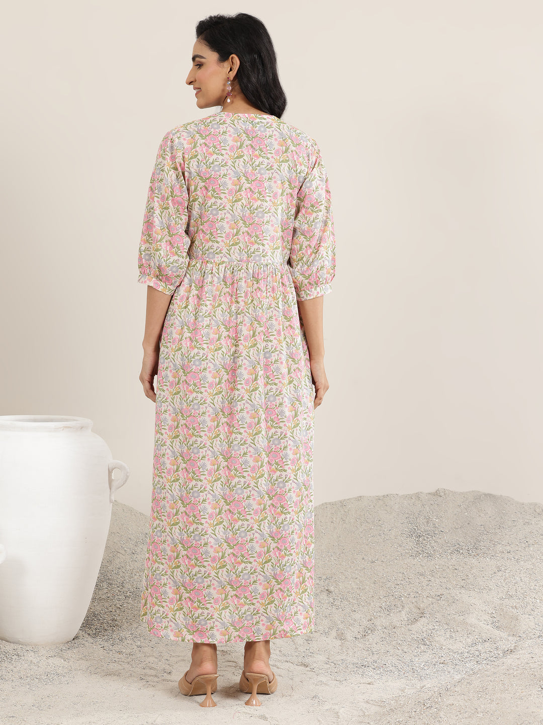  Pink Printed Cotton Blend A-Line Dress 