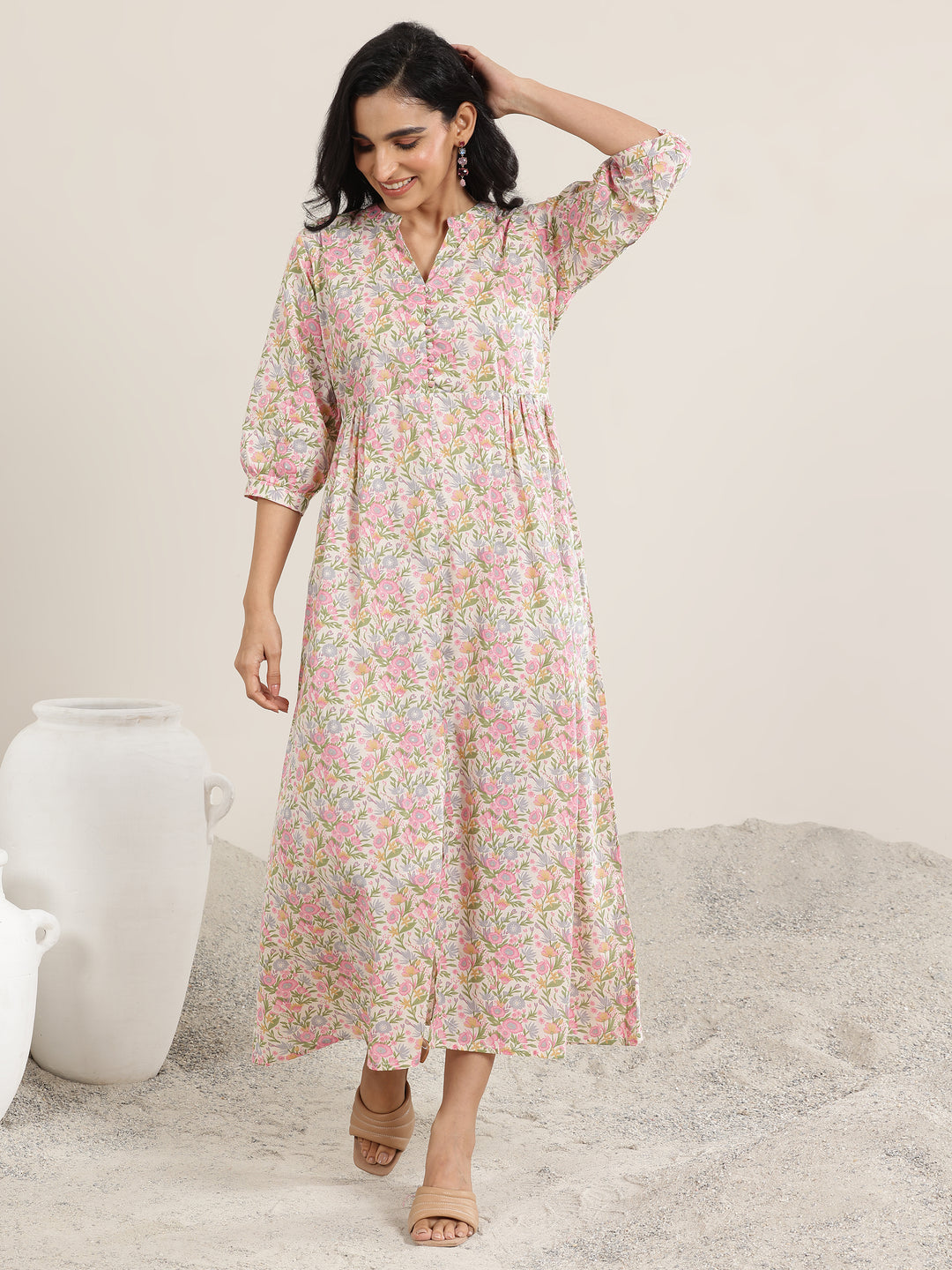  Pink Printed Cotton Blend A-Line Dress 