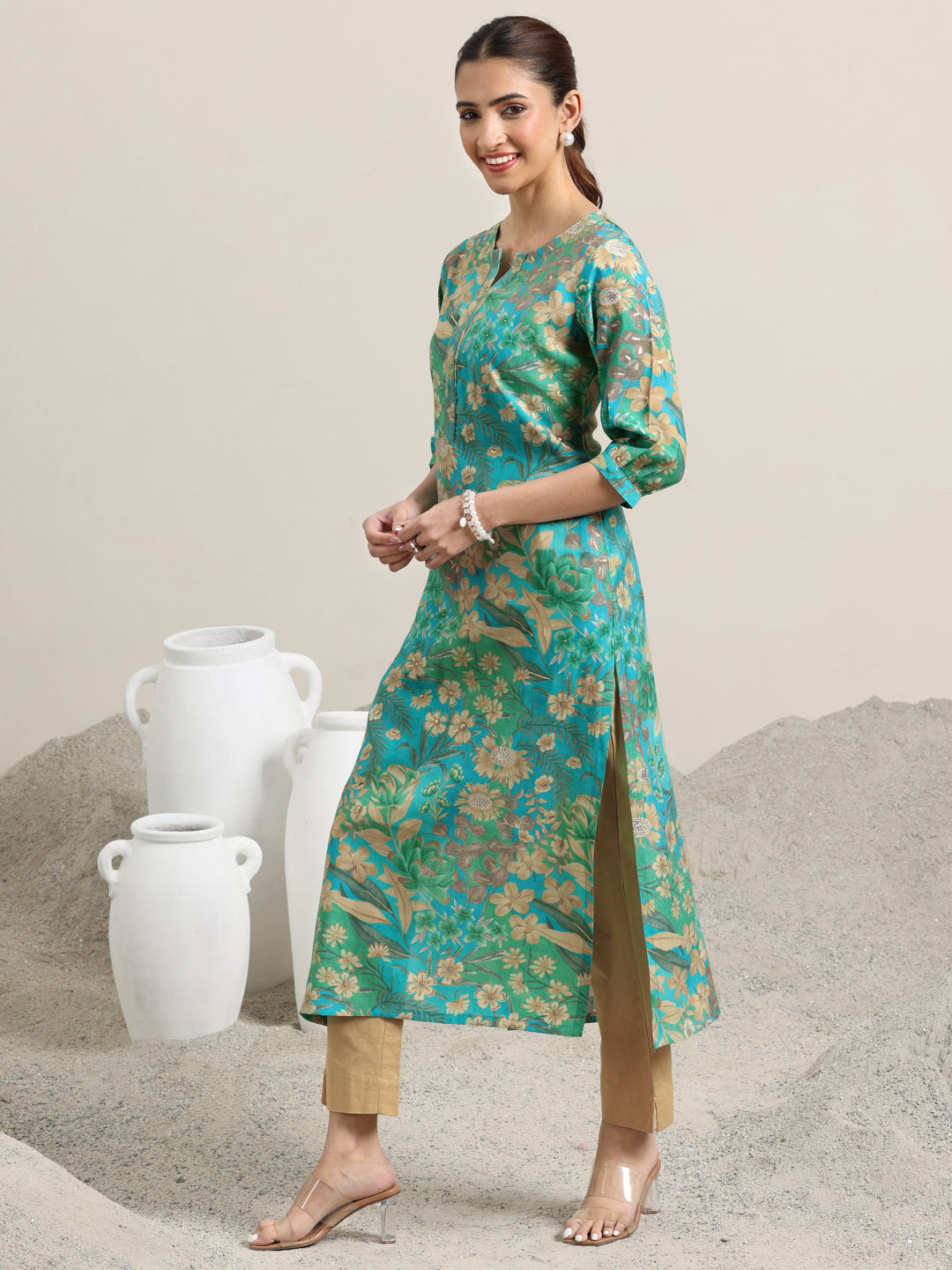  Blue Printed Silk Blend Straight Kurta 