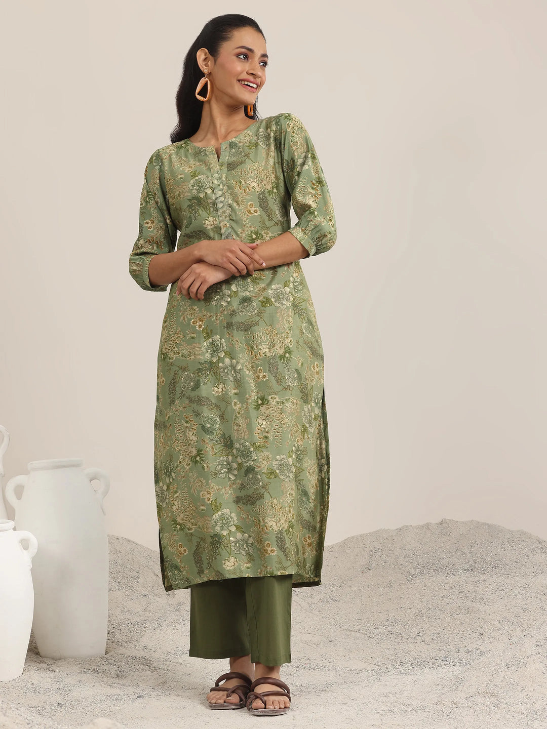  Green Printed Silk Blend Straight Kurta 