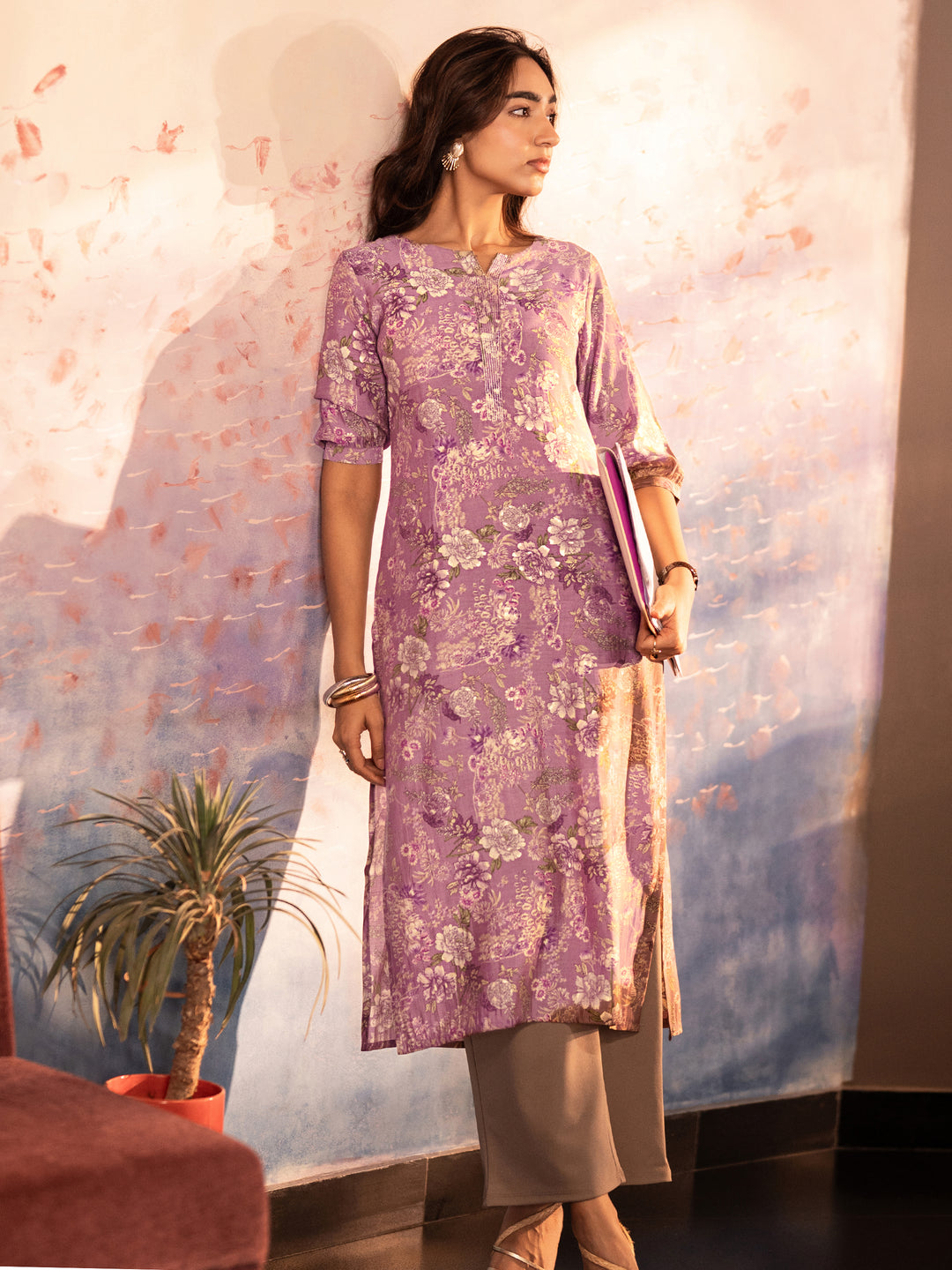 Mauve Printed Silk Blend Straight Kurta