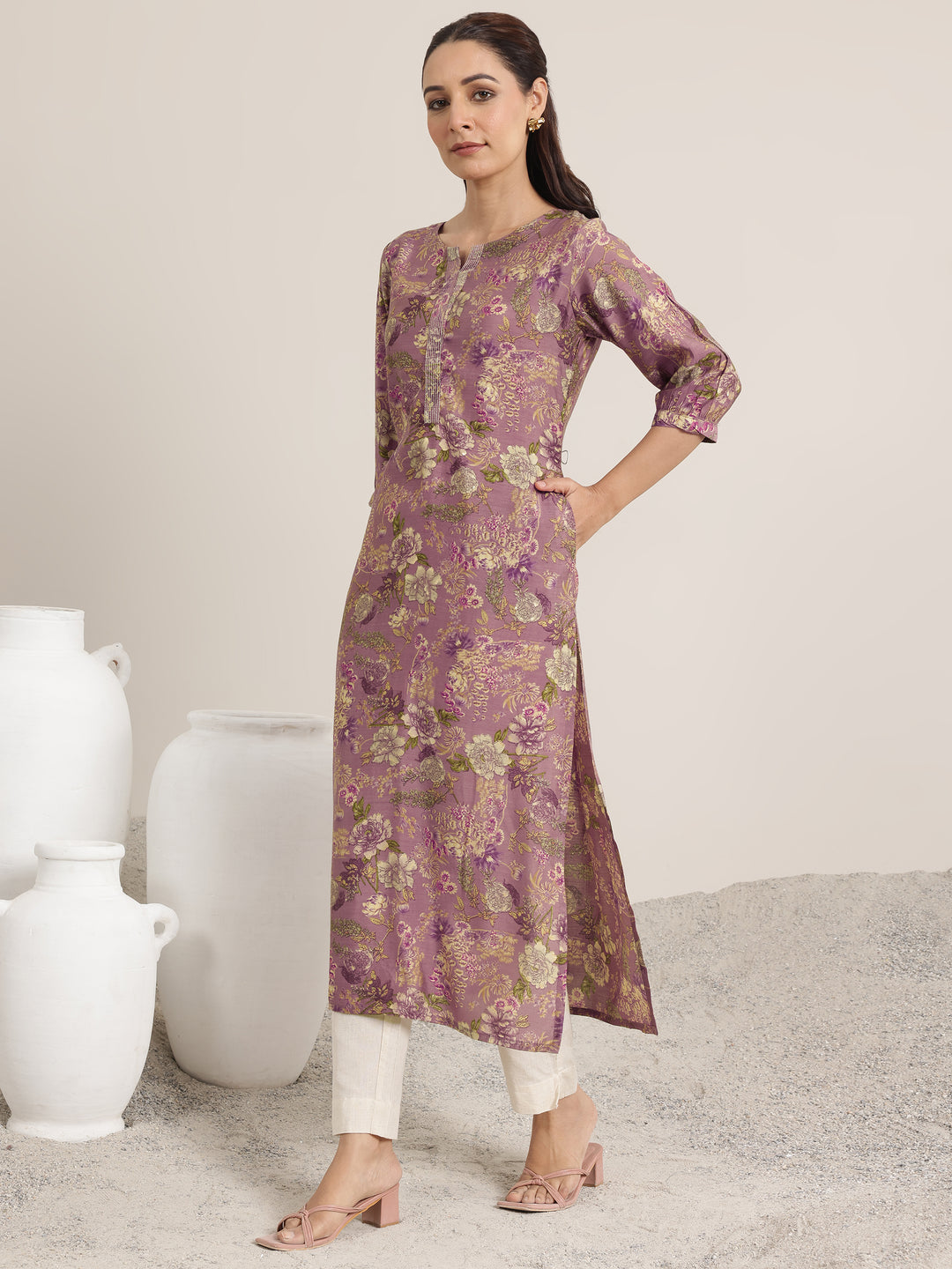  Mauve Printed Silk Blend Straight Kurta 