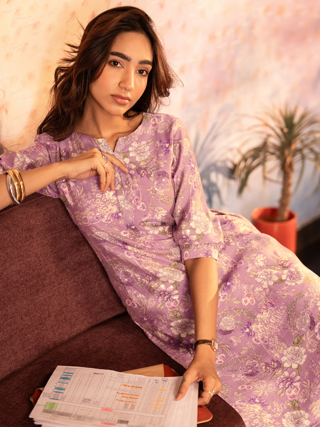  Mauve Printed Silk Blend Straight Kurta 