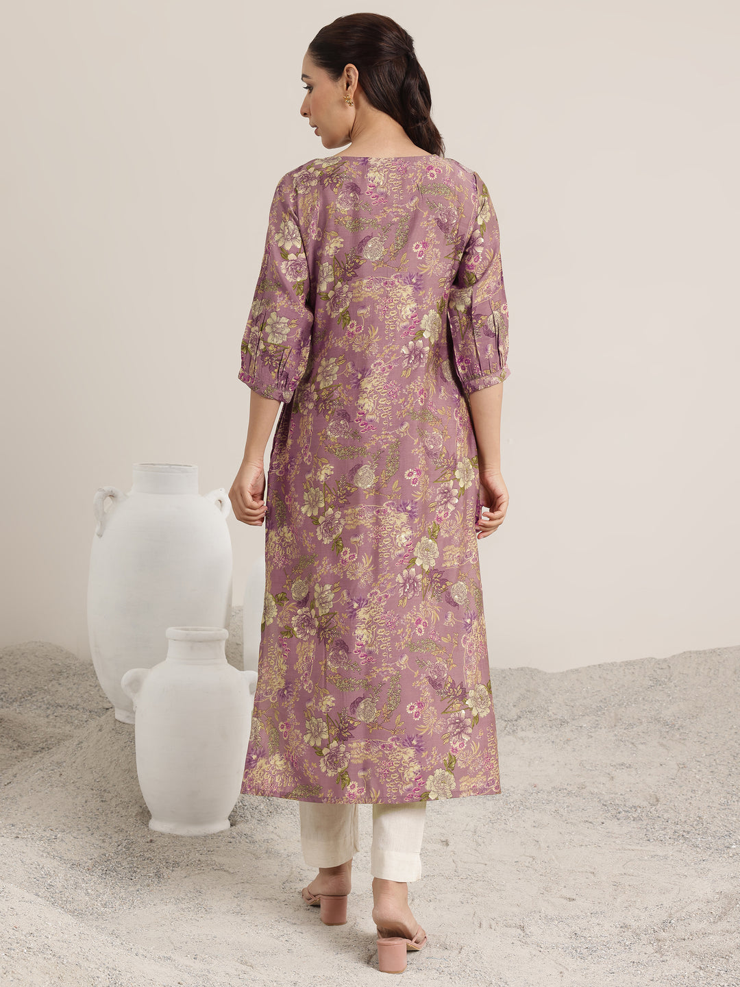  Mauve Printed Silk Blend Straight Kurta 