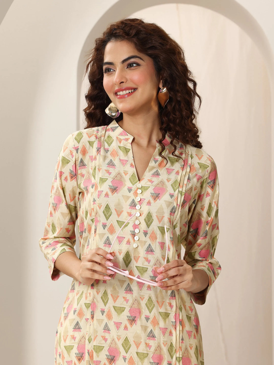  Beige Printed Silk Blend Straight Kurta 