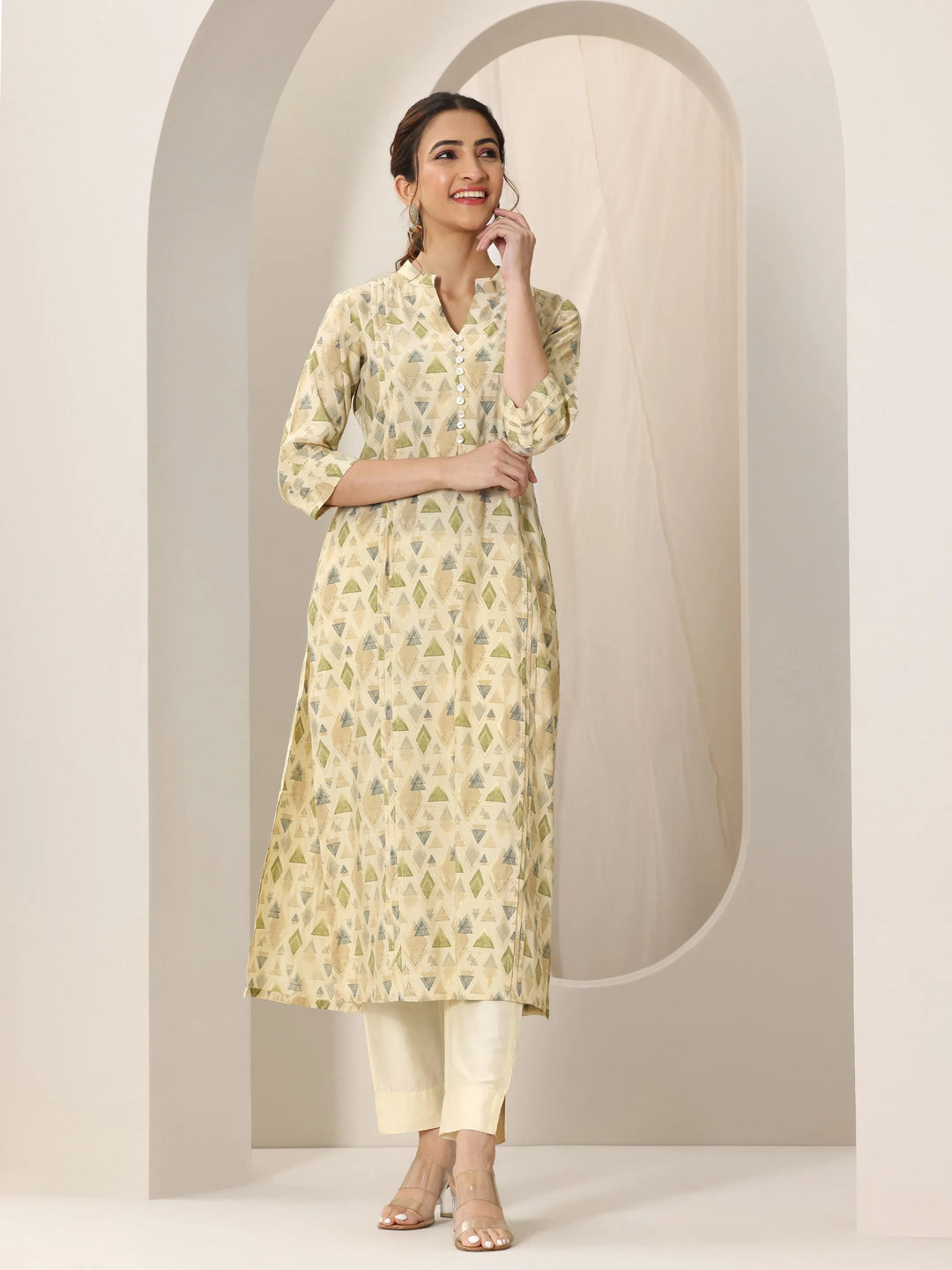  Beige Printed Silk Blend Straight Kurta 