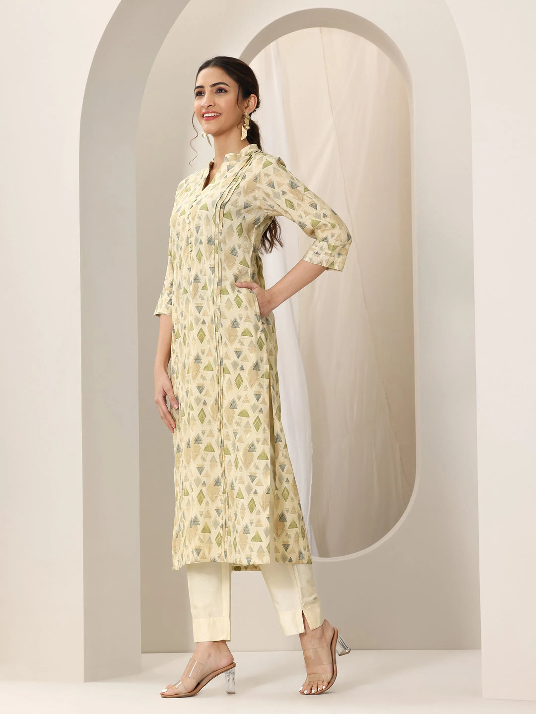  Beige Printed Silk Blend Straight Kurta 