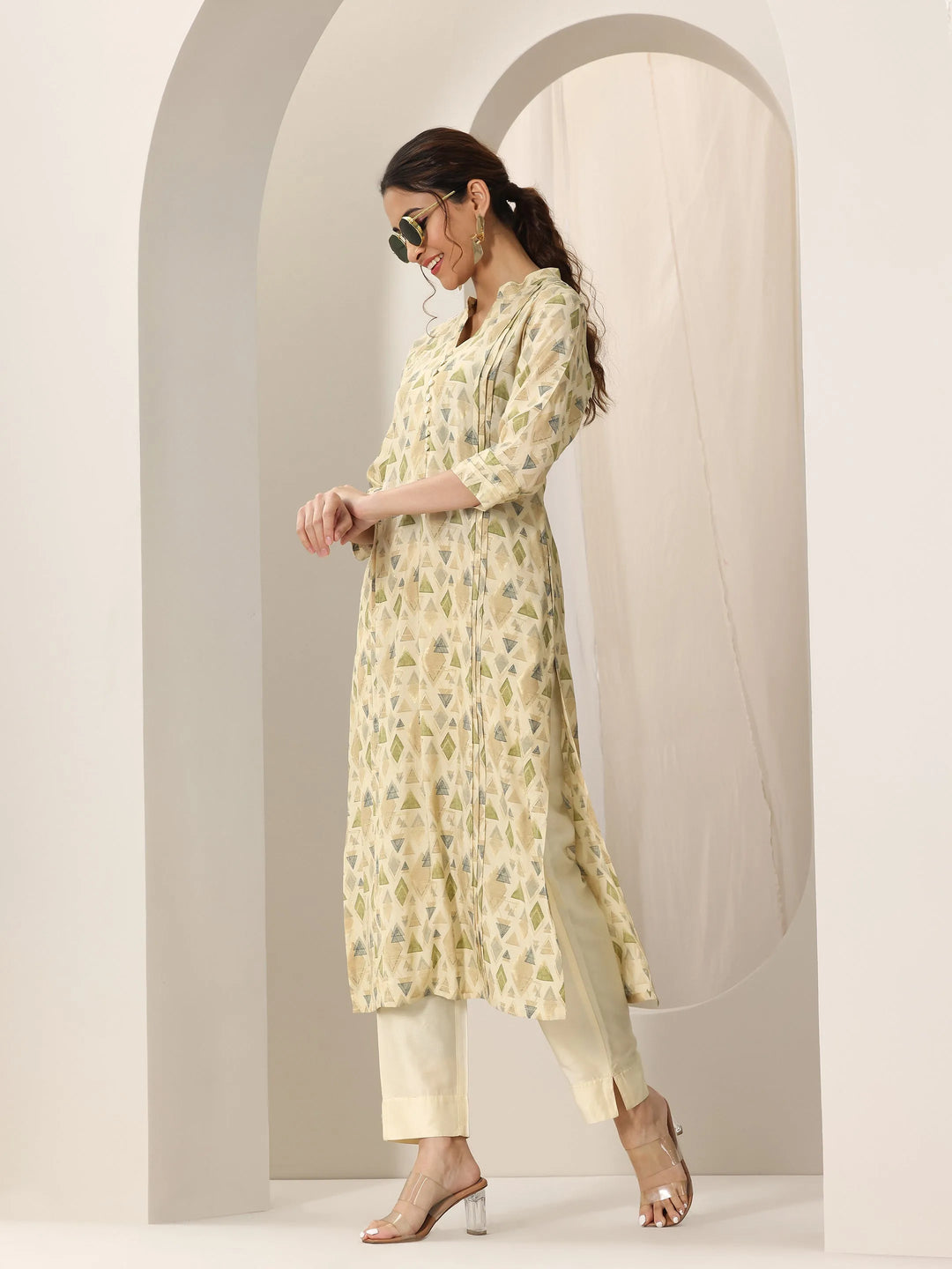 Beige Printed Silk Blend Straight Kurta