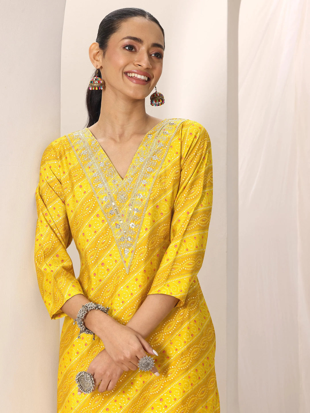  Mustard Printed Silk Blend Straight Kurta 