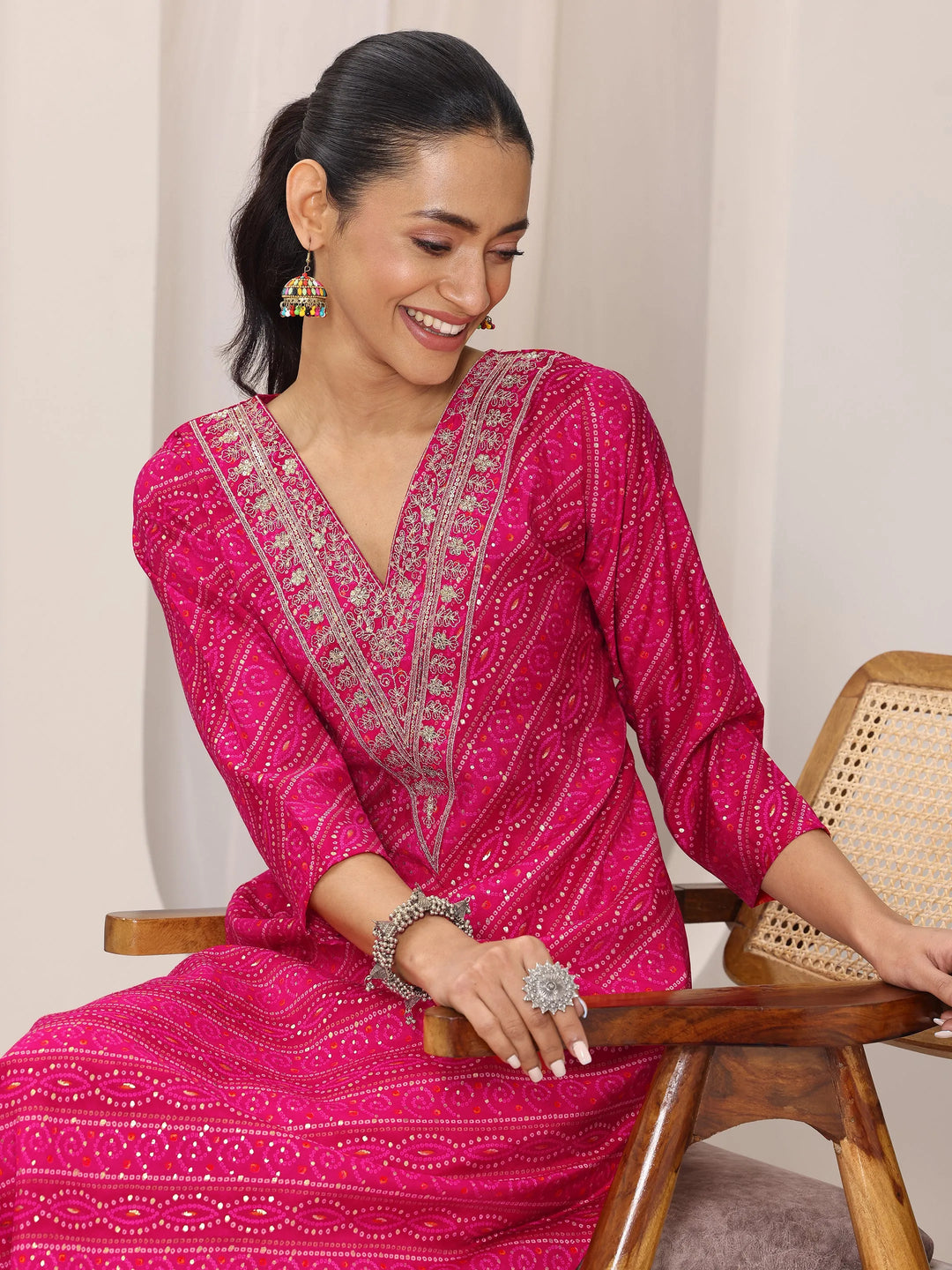 Pink Printed Silk Blend Straight Kurta